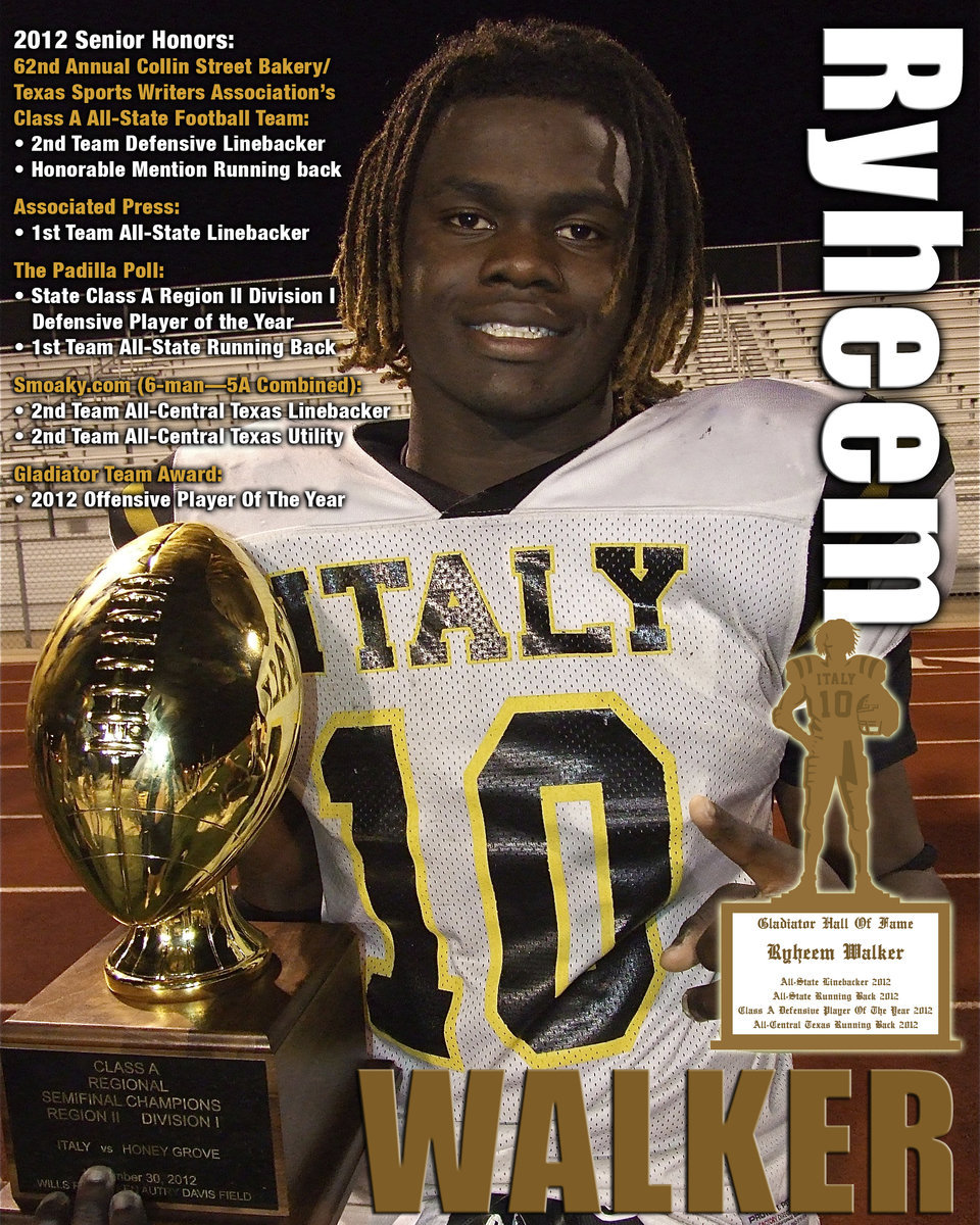 Image: Congratulations to Italy’s senior RB/LB Ryheem Walker(10) on all his 2012 post-season honors as a Gladiator. Walker will represent Italy in the 5th Annual 2013 (Fellowship of Christian Athletes) FCA Victory Bowl at Floyd Casey Stadium in Waco on Saturday, June 15, 2013.