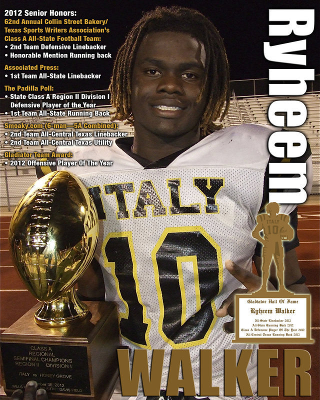 Image: Congratulations to Italy’s senior RB/LB Ryheem Walker(10) on all his 2012 post-season honors as a Gladiator. Walker will represent Italy in the 5th Annual 2013 (Fellowship of Christian Athletes) FCA Victory Bowl at Floyd Casey Stadium in Waco on Saturday, June 15, 2013.