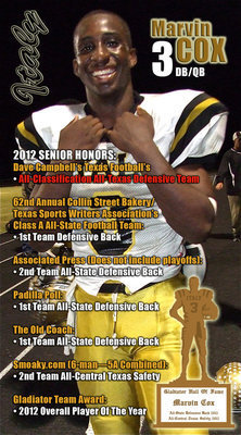 Image: Congratulations to Italy’s senior DB/QB Marvin Cox(3) on all his 2012 post-season honors as a Gladiator. Cox has been nominated to represent the Gladiators in the Texas High School Coaches Association 2013 All-Star Football Game – North vs. South, presented by Fuddruckers in Ft. Worth. The game will be played inside Cowboys Stadium in Arlington on Tuesday, July 30, at 7:30 p.m. Cox will find out in late March if he was selected.