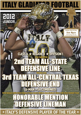 Image: Congratulations to Italy’s junior C/OL/DE Zain “Zilla” Byers(50) on all his 2012 post-season honors as a Gladiator.