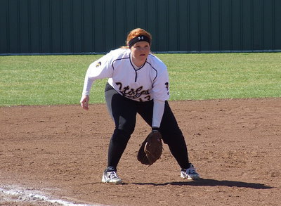 Image: Katie Byers(13) working hard at third-base for the Lady Gladiators.