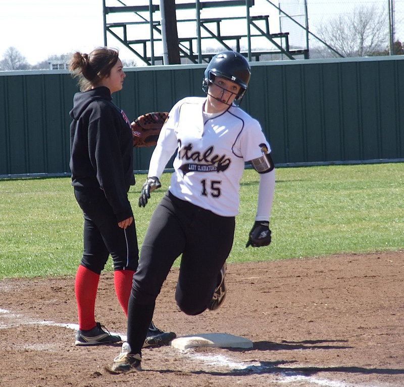 Image: Jaclynn Lewis(15) rounds third-base and charges home as the Lady Gladiators turn a corner in Scurry to be ready in time for their district competition. First district game is Tuesday, February 26 in Itasca at 4:30 p.m.!