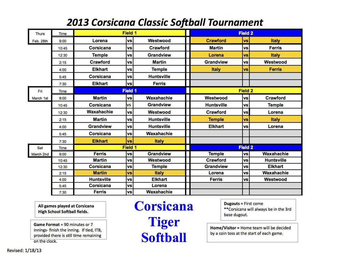 Image: The 2013 Corsicana Classic Softball Tournament schedule. The Italy Lady Gladiators will play three games on Thursday, two games on Friday and then one game on Saturday.