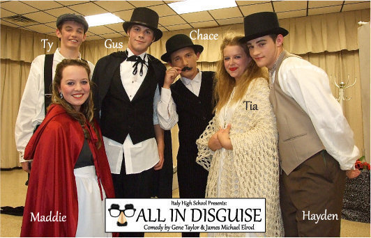 Image: The cast of “All In Disguise” following an encore performance inside the Italy High School band Hall on Tuesday: Marco/Ty Windham, Colombina/Maddie Pittman, Piporello/Gus Allen, Pantalone/Chace McGinnis, Florinda/Tia Russell and Flavio/Hayden Woods.