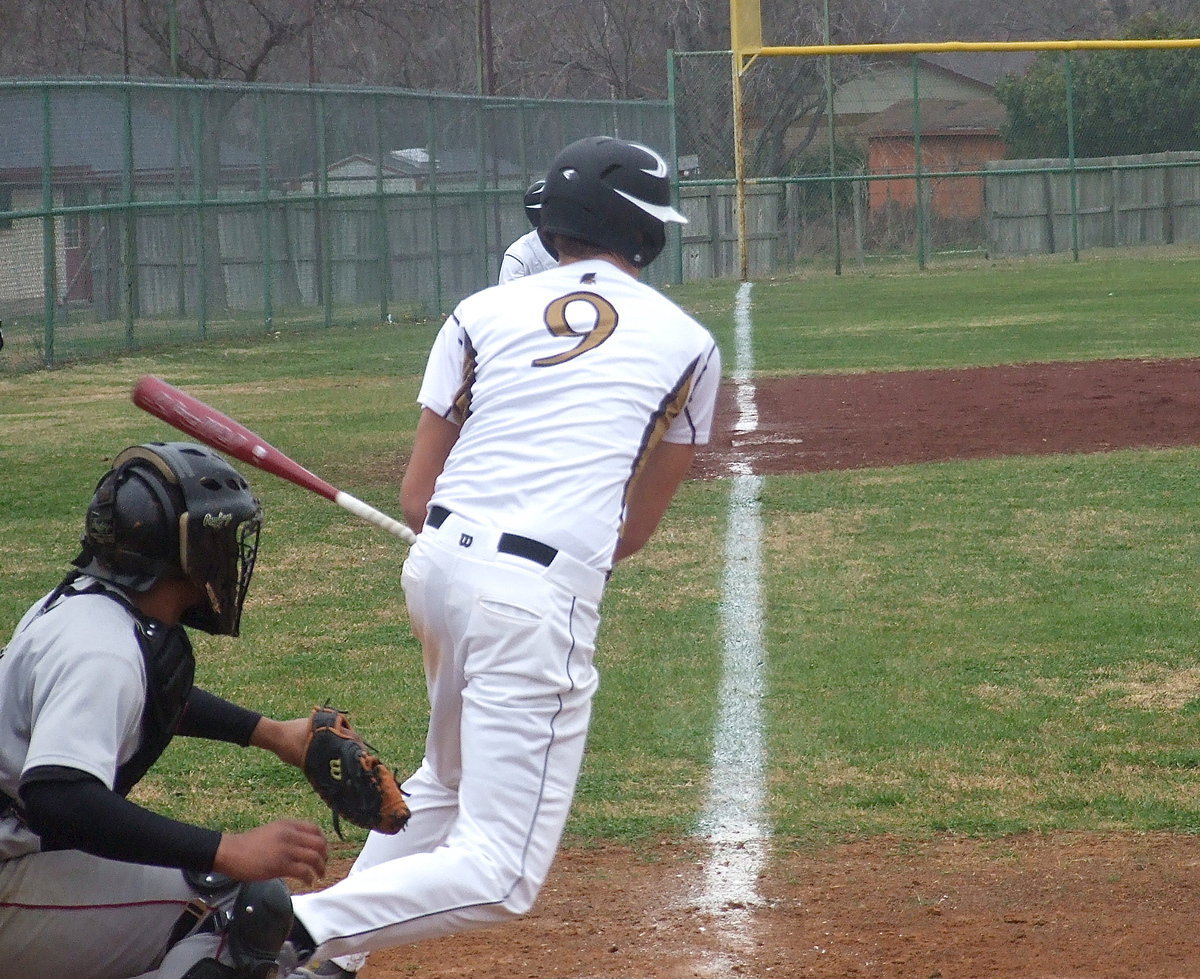 Image: Cole Hopkins(9) with another big hit to add to his inside-the-park home-run blasted against Roosevelt.