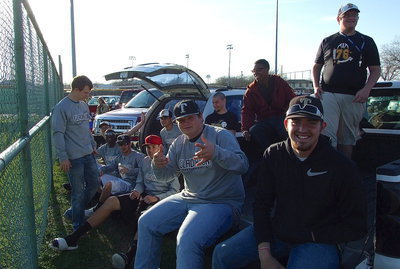 Image: Several Gladiators, including members of Italy’s baseball team, show their support for the Lady Gladiators during their spring break ballgame against Avalon. Chase Hamilton, Zain Byers, Marvin Cox, Caden Jacinto, Cole Hopkins, Reid Jacinto, John Byers, Tyler Anderson, John Hughes, Zackery Boykin and Colin Newman make some noise.