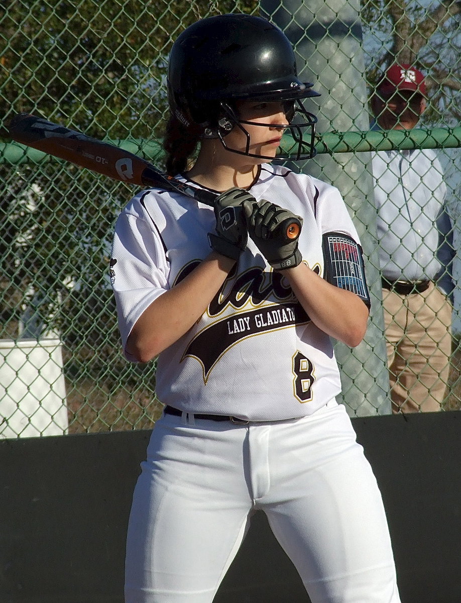 Image: Senior slugger Morgan Cockerham(8) glares at the mound.