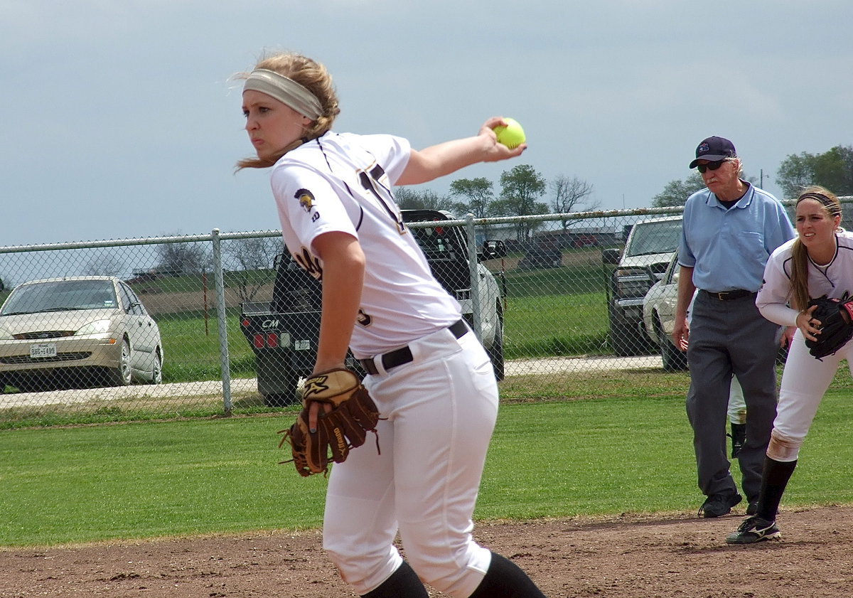 Image: Lady Gladiator pitcher Jaclynn Lewis(15) has overcome two close games over Itasca and Frost to put her team in control of the district. Lewis recorded 5 strikeouts against Frost in the 6-5 Italy win.