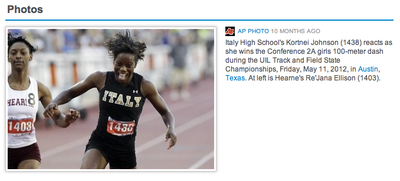 Image: A look back: Italy High School’s Kortnei Johnson (1438) reacts as she wins the Conference 2A girls 100-meter dash during the UIL Track and Field State Championship Friday, May 11, 2012, in Austin.