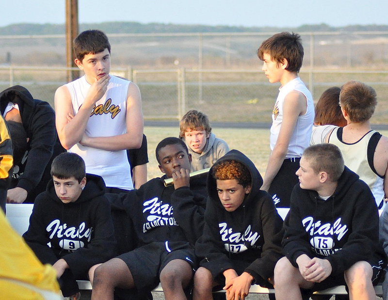 Image: Italy’s Junior High Gladiators get mentally prepared for the relays during the Wampus Cat Relays in Itasca. Pictured are Eli Garcia and Dyland McCasland who stand behind Gary Escamilla, Kendrick Norwood, Tylan Wallace and Clay Riddle.