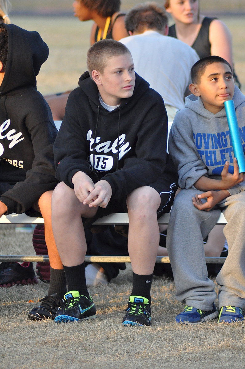 Image: Italy JH track sprinter Clay Riddle waits for his chance to fly during the relay events.