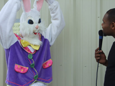 Image: “Well, I am over 6 feet if I hold my ears straight up,” says Easter Bunny to Bryant Cochran.