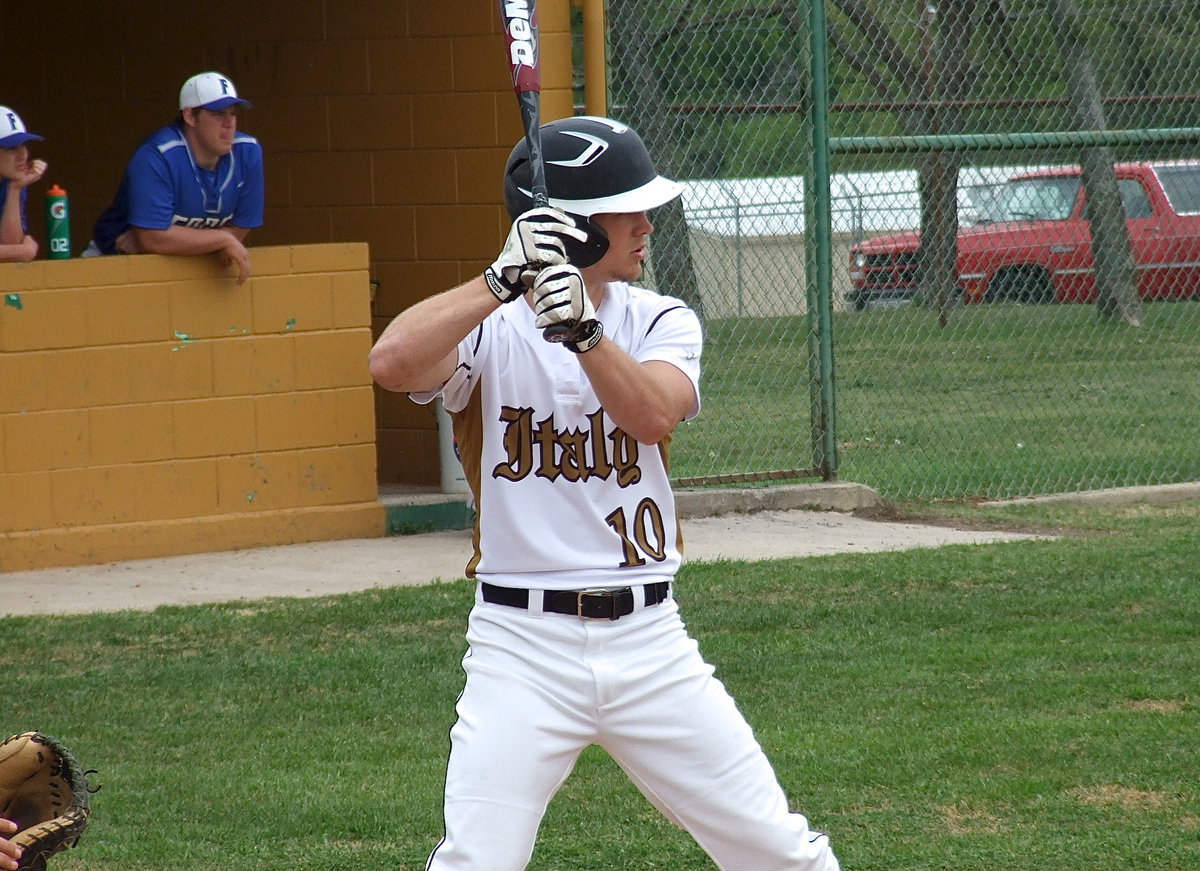 Image: Italy’s Chase Hamilton(10) settles in at the plate during an early at bat against the visiting Frost Polar Bears. Hamilton and the rest of his Gladiator teammates avenge their opening district loss to the Polar Bears and emerge as the front runner in the district race.