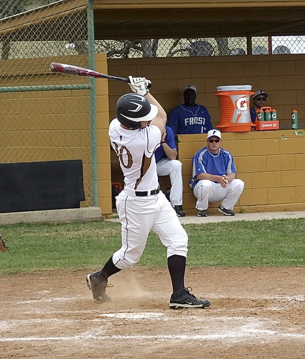 Image: Chase Hamilton(10) gets a big hit in the bottom of the seventh with the bases loaded to propel the Gladiators to a district controlling victory over Frost.