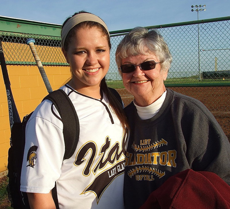 Image: Paige Westbrook is greeted by her grandmother Ann Westbrook after Italy’s 13-0 win over the Lady Eagles from Grand Prairie Advantage.