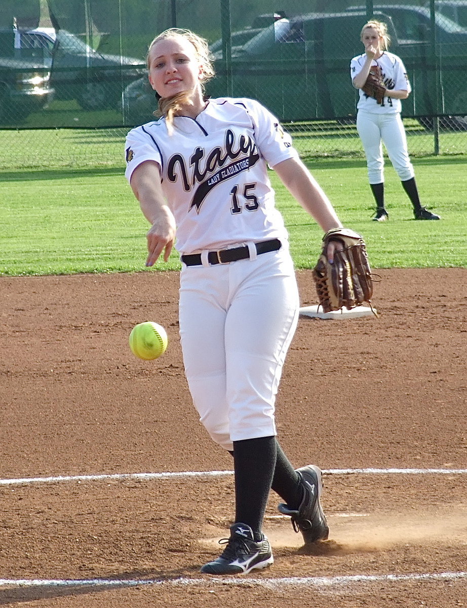 Image: Centerfielder Kelsey Nelson(14), pitcher Jaclynn Lewis(15) and their Lady Gladiator teammates improve their district mark to an unbeaten 9-0 after disposing of Avalon 16-0 in just 2.5 innings.