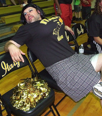 Image: Italy ISD Principal Lee Joffre takes a breather while trying to be the best donkey basketball cheerleader he can be. An aspiring centerfold, Joffre hopes to take up skydiving and solve world hunger…all in the same day.