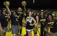 Image: Italy HS cheerleader Taylor Turner was gracious enough to lead this wild bunch during the donkey basketball tournament held inside Italy Coliseum. Cheering with Miss Turner are (L-R): Barry Bassett (Italy ISD Superintendent), Lee Joffre (Italy ISD Principal), Mark Stiles (Italy ISD School Board), Larry Mayberry, Paul Cockerham (Italy ISD School Board), Sal Ramirez and Larry Eubank (Italy ISD School Board).