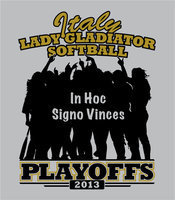 Image: A team silhouette of the Lady Gladiators celebrating a victory adorns the front of the 2013 playoff shirt along with the team motto, “In Hoc Signo Vinces,” which means, “In this sign, you will conquer.”