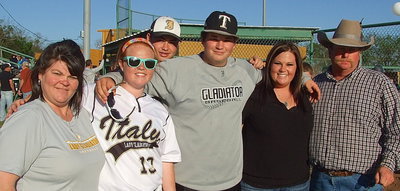Image: Katie Byers(13) celebrates her final home game and Senior Day with family members Nancy Byers (mother), Zain Byers(cousin), John Byers (brother), Lauren Byers (sister and Lady Gladiator Softball alumni) and Brently Byers (proud father).
