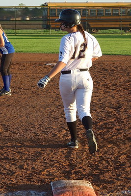 Image: Freshman Lillie Perry(12) is eager to reach second base.