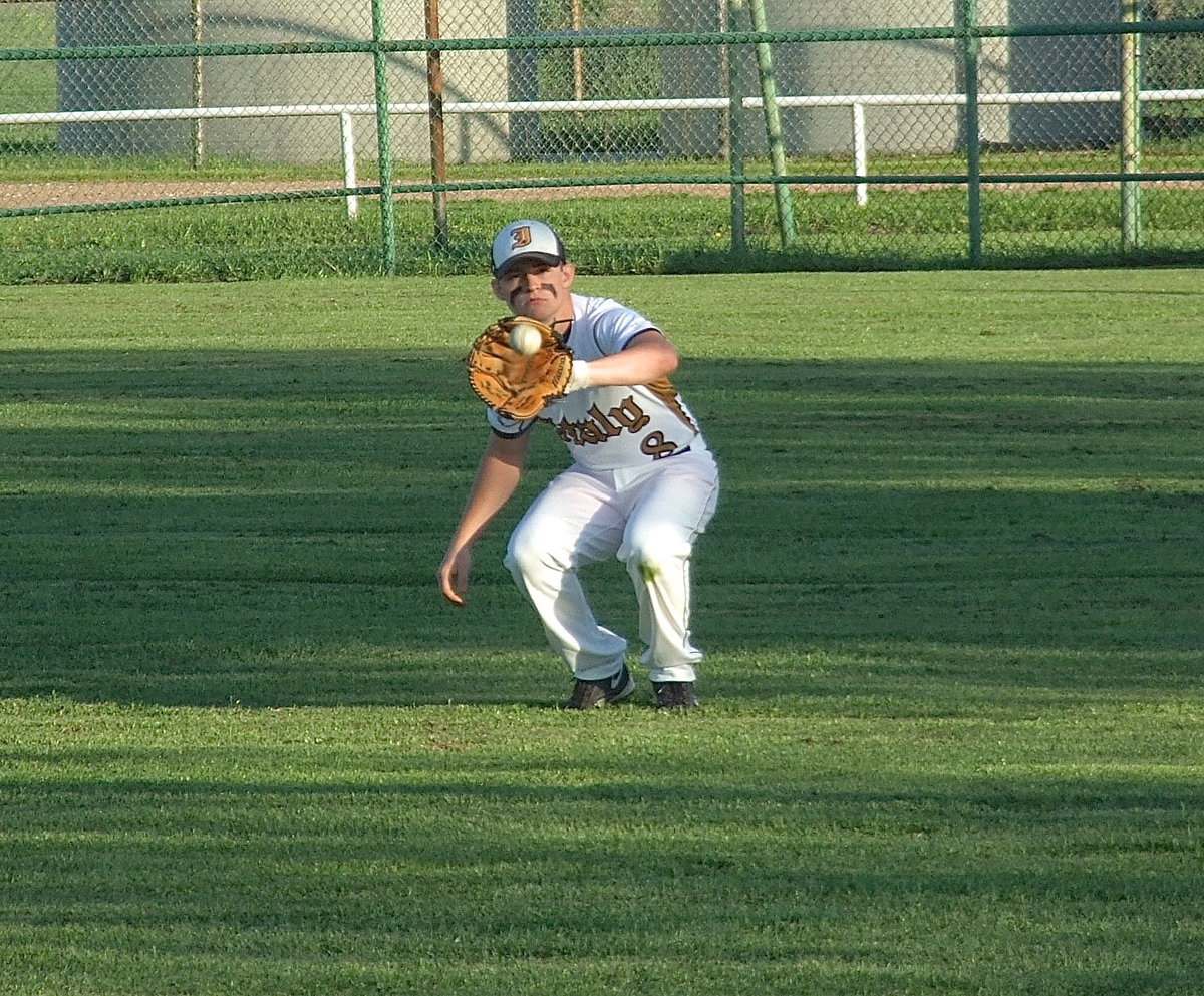 Image: Right fielder and senior Hayden Woods(8) gets warmed up between innings.