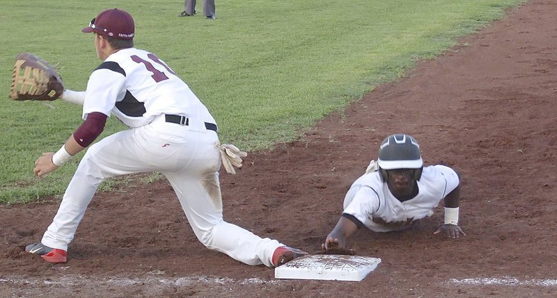 Image: Waxahachie Faith Family holds Marvin Cox(3) on the first base bag respecting the senior’s speed.