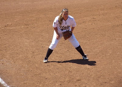 Image: Third baseman Paige Westbrook(10) guards the base line.