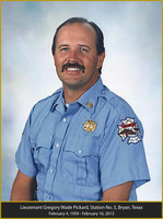 Image: With plans to mount a memorial plaque in Italy’s downtown pavilion in honor of fallen Bryan firefighter Lieutenant Greg Pickard, 54, donations can be made to the Greg Pickard Memorial Fund by making a deposit to the Fund at First State Bank of Rice in Italy, and at Citizens National Bank in Italy, or at any of the branches of either bank. Donations may also be mailed to the Greg Pickard Memorial Fund, c/o Ann Byers, 212 Richards Street, Italy, Texas 76651.