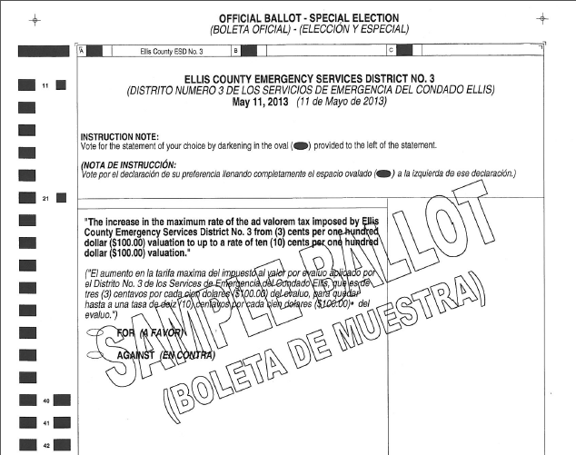 Image: Sample ballot – Ellis County Emergence Services District No. 3 Tax Increase