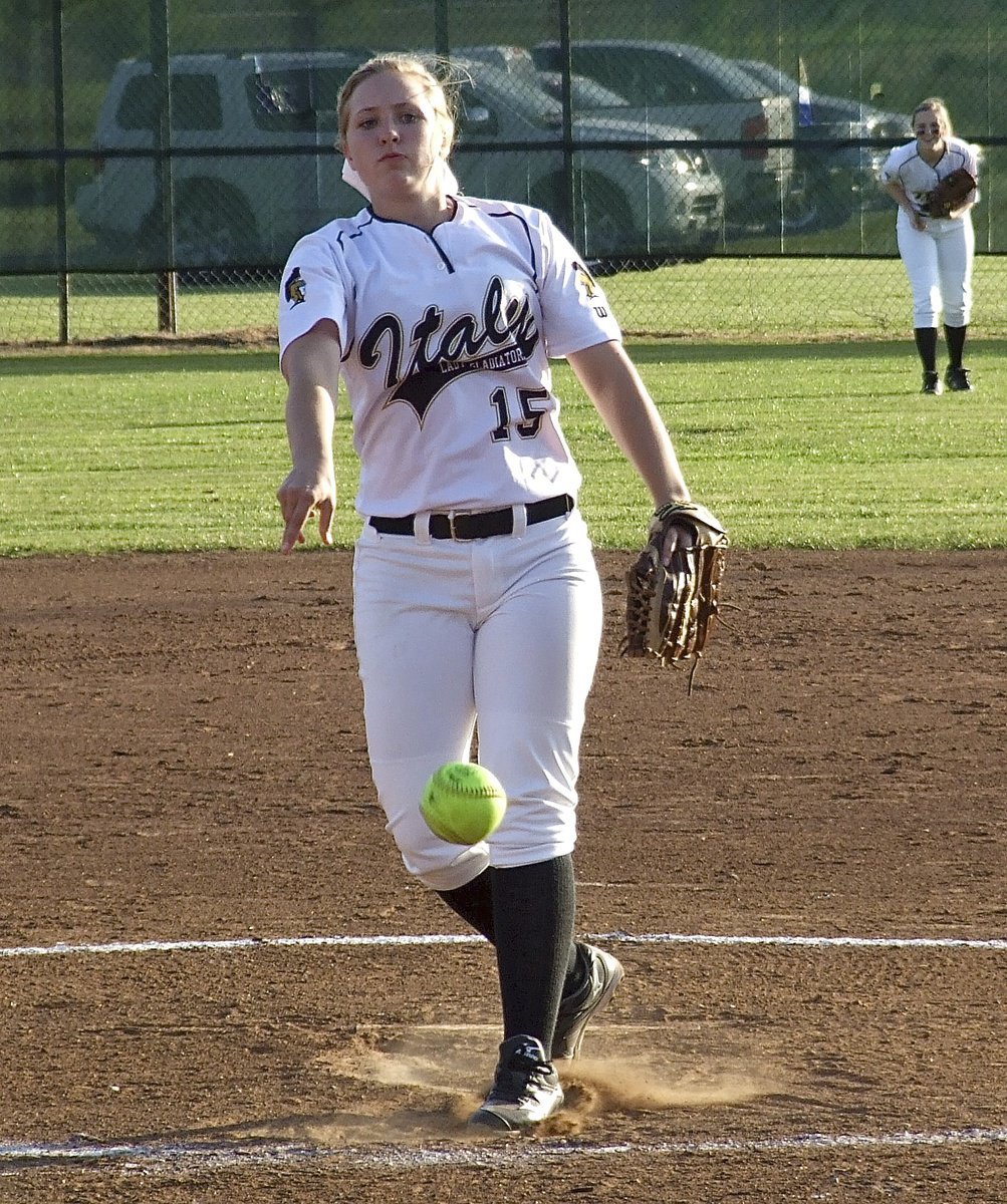 Image: Italy’s sophomore pitcher Jaclynn Lewis(15) helps her Lady Gladiators avenge two earlier season losses to Scurry-Rosser with a 6-4 victory and then helps hold 2A Mildred’s high powered offense to just 2 runs allowing Italy to tie the game in the bottom of the fifth-inning, 2-2. The game was called after the fifth which was the agreed upon format for Italy’s double-header against both schools.