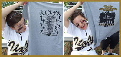 Image: Senior Morgan Cockerham(8) shows off the unique front and back of the Lady Gladiators’ 2013 playoff shirt. The front features a silhouette of the team in a victory huddle. The back displays each member of the team as customized action silhouettes. Traced from actual photographs by Italy Neotribune’s Barry Byers. The Lady Gladiators continue to be trend setters.