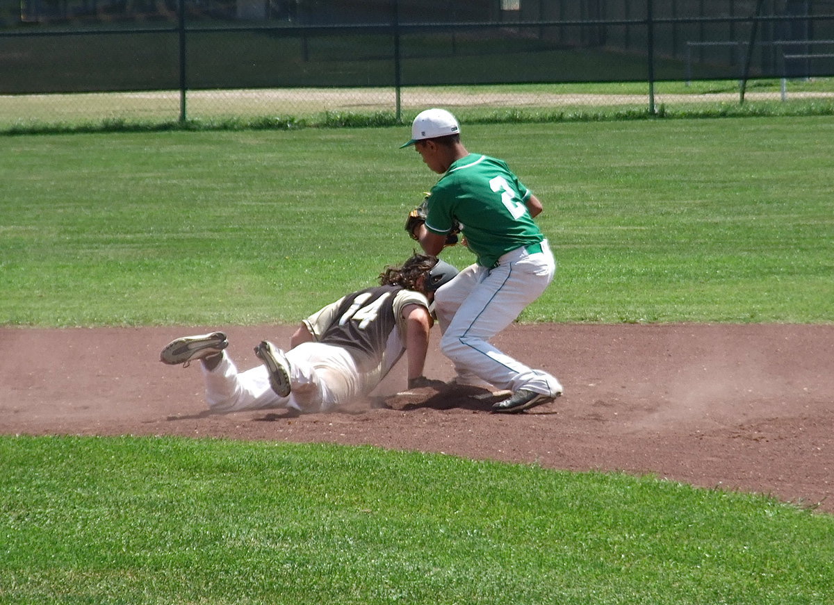 Image: Italy’s Kyle Fortenberry(14) slides back safely to the second base bag.