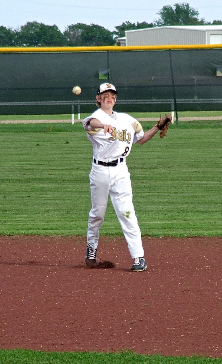 Image: Second baseman Clayton Miller(8) throws to teammate Cody Boyd at first base.