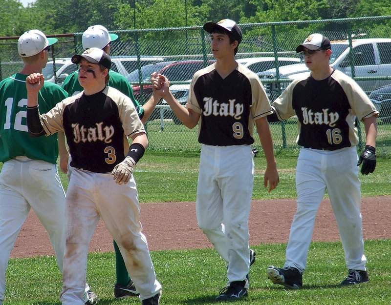 Image: Italy’s John Escamilla(3), Mason Womack(9) and Austin Crawford(16) are good sports after the game against Clifton.