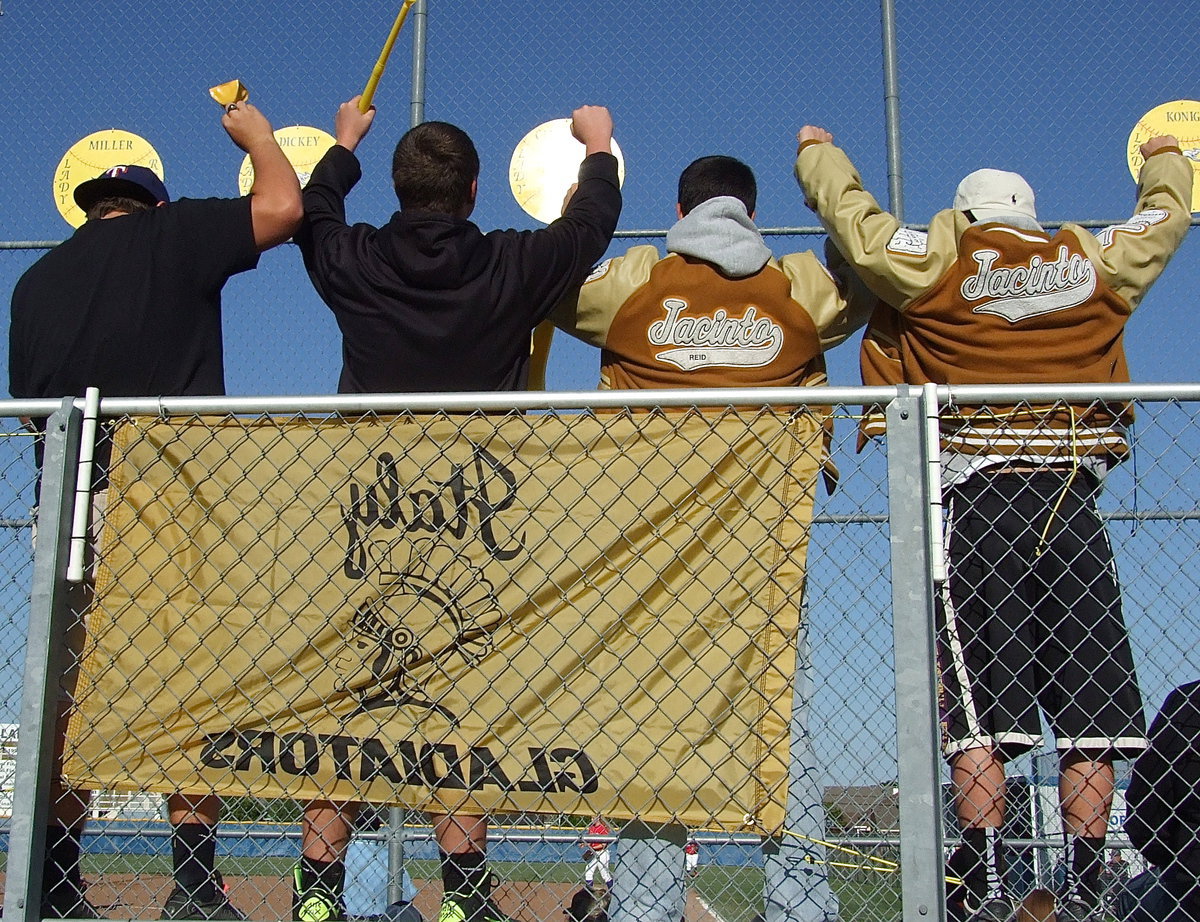 Image: Kevin Roldan, Zain Byers, Reid Jacinto and Caden Jacinto use bells and horns to keep the Lady Gladiators energized with plenty of Italy fans making the trip to Weatherford to witness the Lady Gladiators defeat Gorman to win the Area Championship.