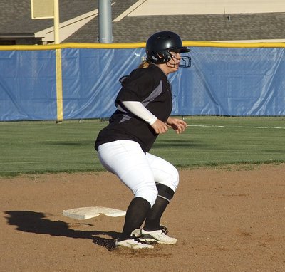 Image: Junior Paige Westbrook(10) puts on the breaks for now but eventually reaches third base. Westbrook hit 3 singles, 1 double, knocked in 4 RBIs and scored 1 run over the course of both games.
