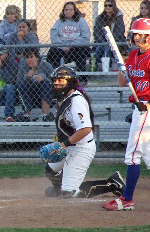 Image: Italy catcher Alyssa Richards(9) checks a Gorman runner at third base.