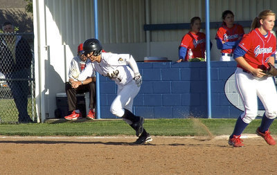 Image: Bailey Eubank(1) peels out on her way to second base. Eubank had 2 stolen bases on the day.