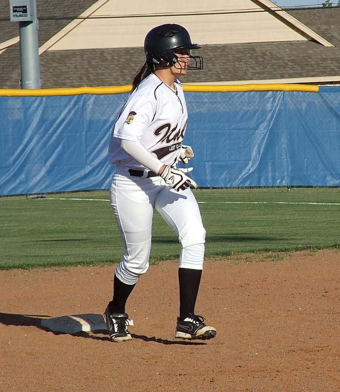 Image: Freshman Lillie Perry(12) stepped it up as a pinch-hitter for the Lady Gladiators.