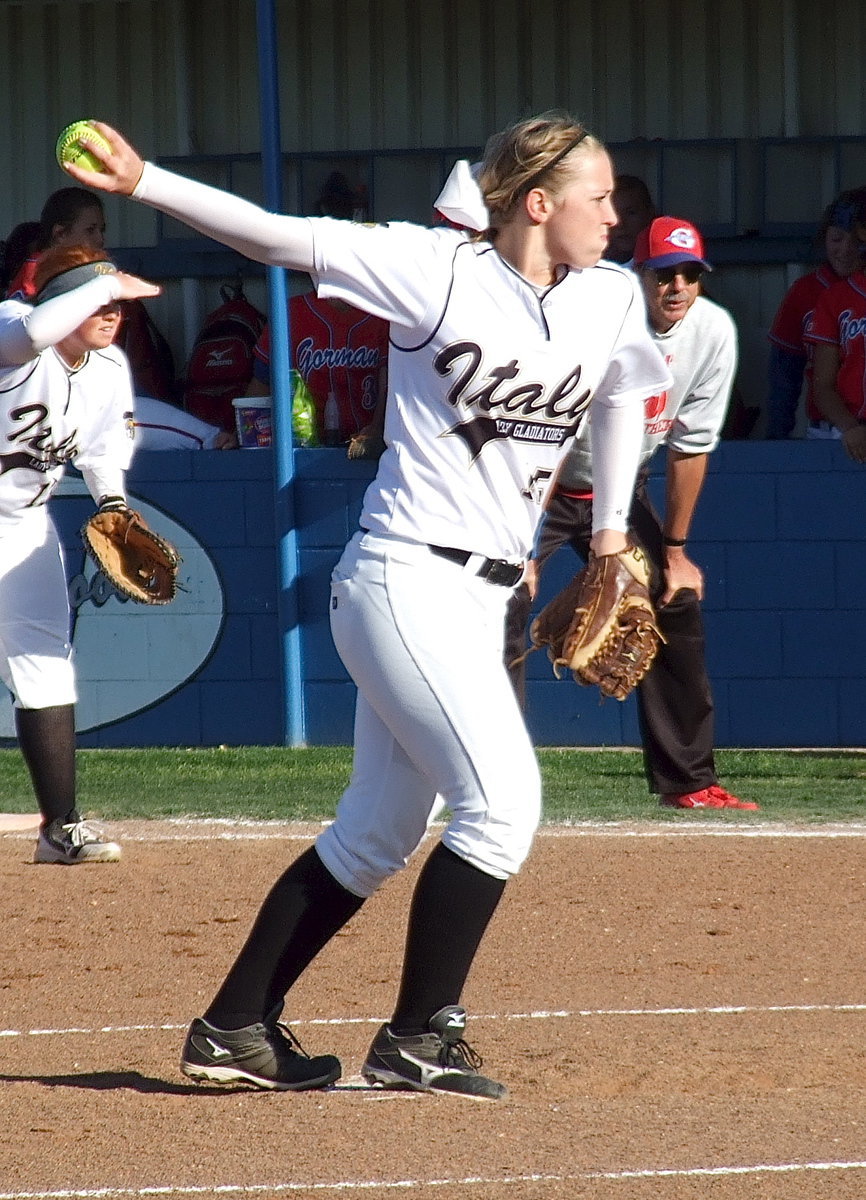 Image: Jaclynn Lewis(15) gives Gorman batters fits to help the Lady Gladiators add an Area Championship trophy to the shelf.