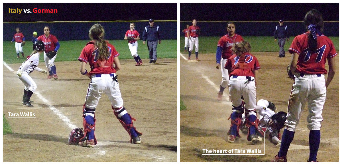 Image: Tara Wallis(5) gets caught in a run down between 3rd and home but eventually scores for Italy.