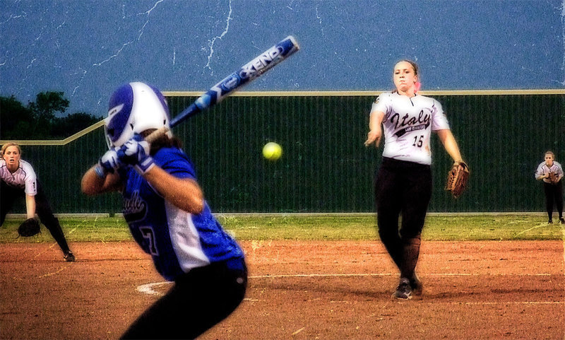 Image: We got this! Pitcher Jaclynn Lewis(15), shortstop Madison Washington(2) and center fielder Kelsey Nelson(14) must help hold off a Bosqueville surge when game one resumes at 1:00 this afternoon after being called last night due to lightning.