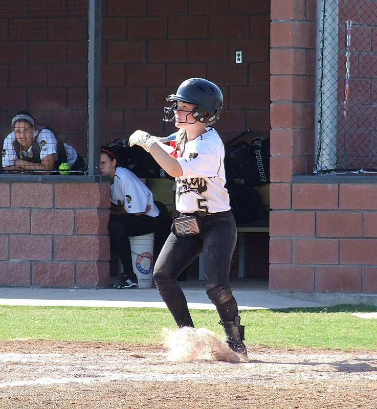 Image: Sophomore Tara Wallis(5) was a terror with a bat in her hand this weekend hitting often for the Lady Gladiator cause.