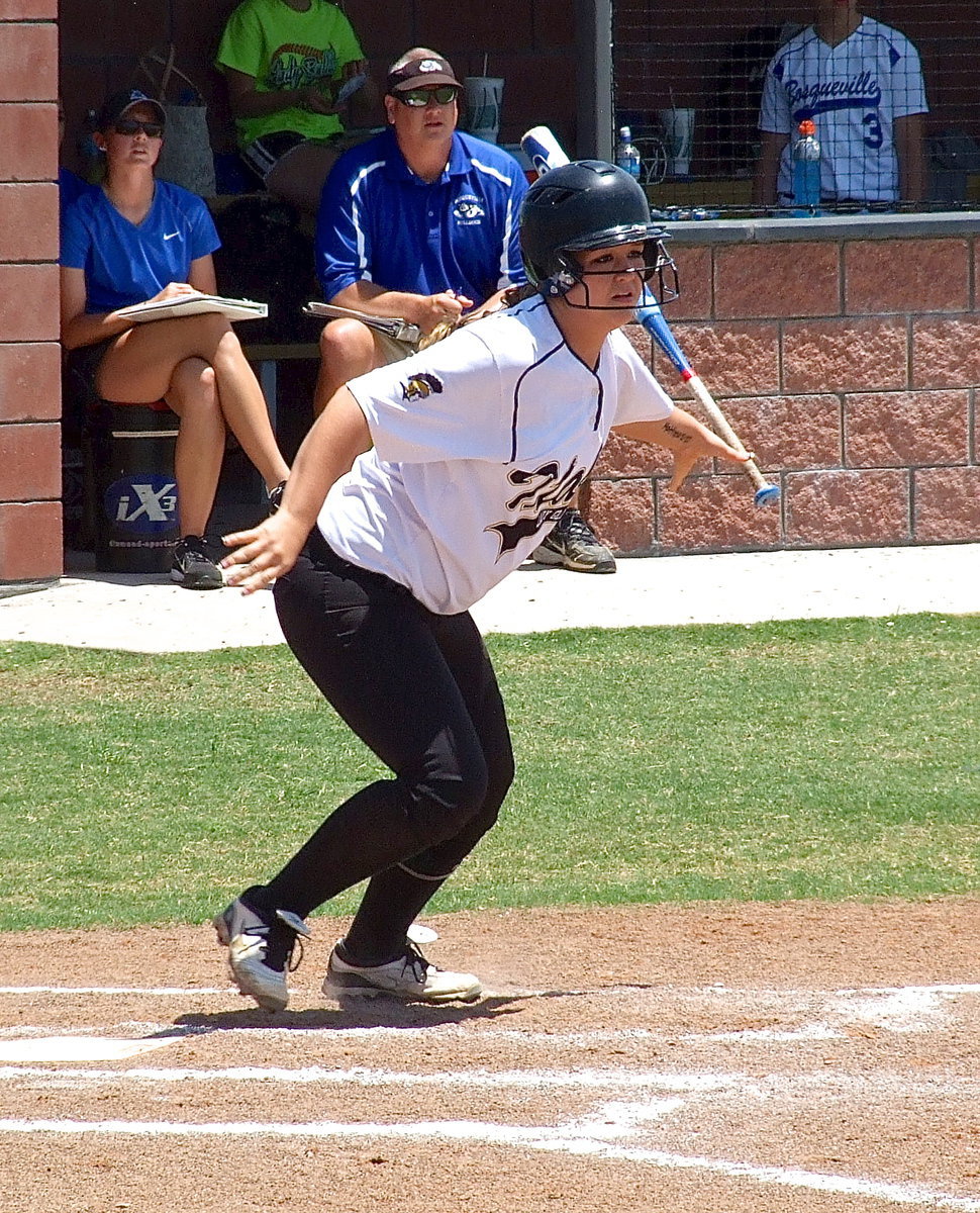 Image: Paige Westbrook(10) connects for a base hit against the Lady Bulldogs.