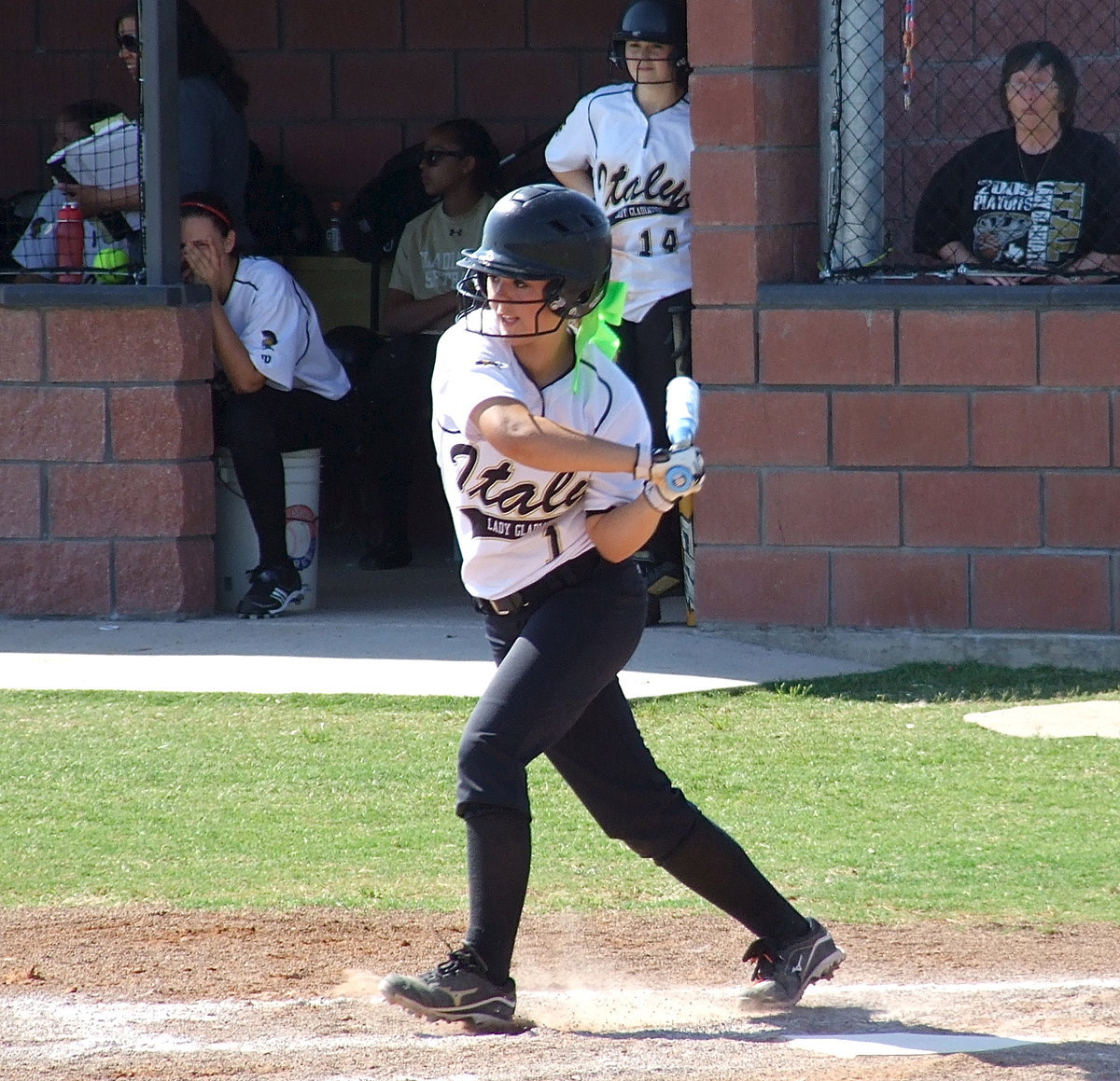 Image: Bailey Eubank(1) attempts to slap hit her way onto base against Bosqueville.