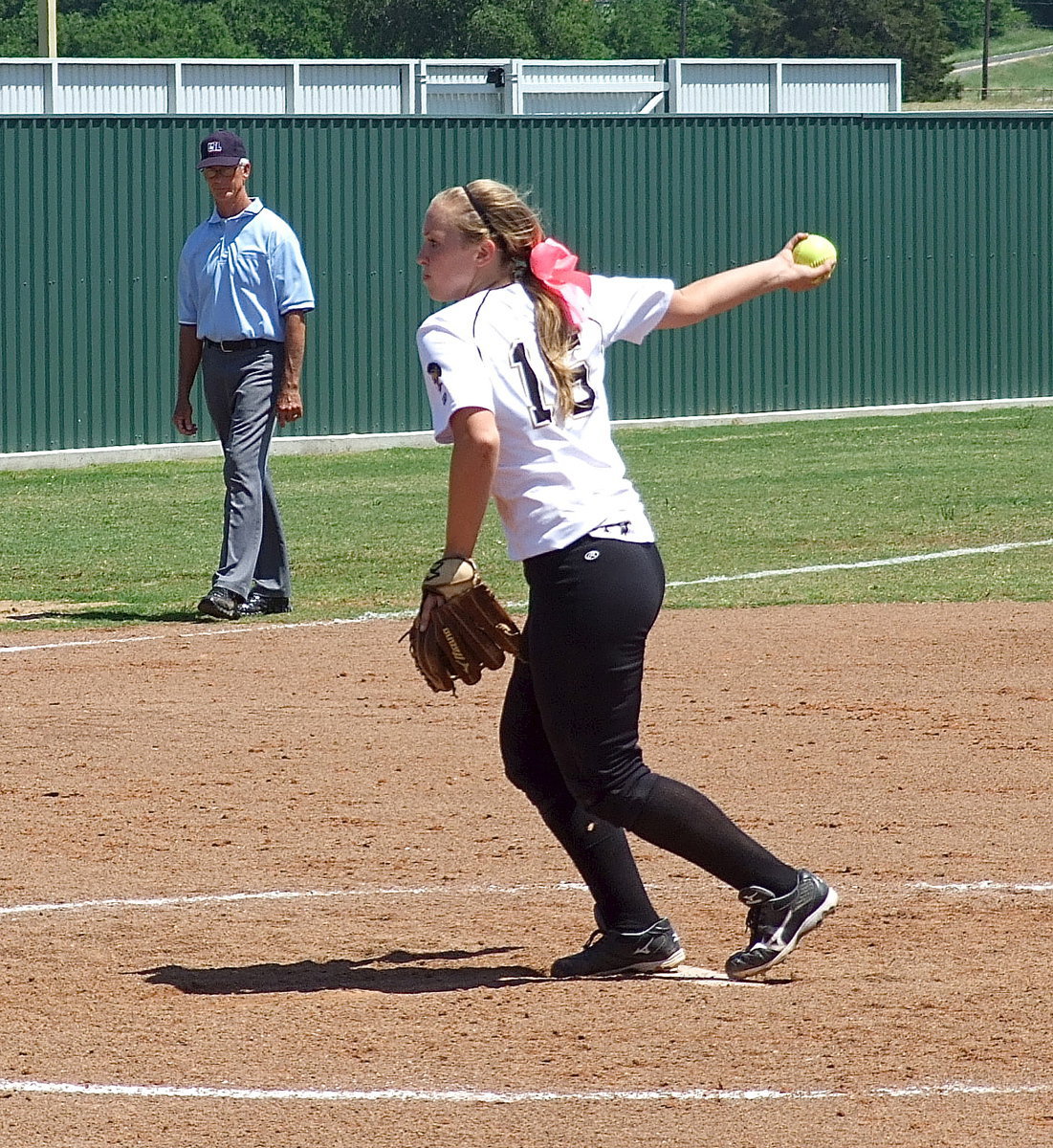 Image: Sophomore Jaclynn Lewis(15) was a warrior pitching all three games against Bosqueville.