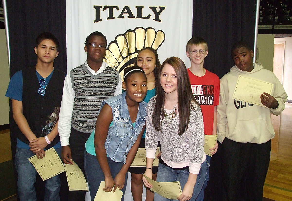 Image: Beaming with pride during the Italy Junior High awards ceremony are Joe Celis, Jarvis Harris, Moesha Walker, Vanessa Cantu, Brooke DeBorde, Hunter Ballard and Kenneth Norwood, Jr.