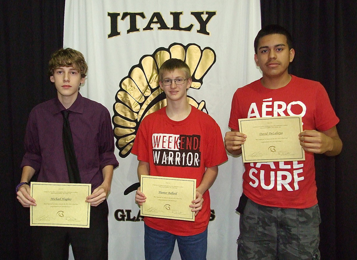 Image: 8th grade Science Most Improved are Michael Hughes, Hunter Ballard and David De La Hoya.