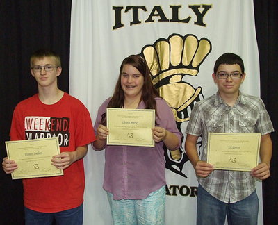 Image: 8th grade Social Studies Citizenship award recipients are Hunter Ballard, Christy Murray and Eli Garcia.